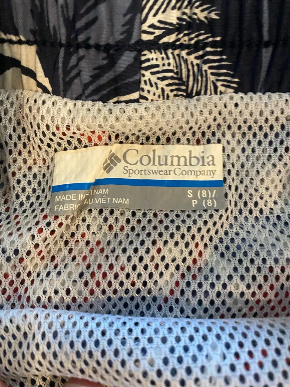 Columbia Navy Swim Trunks with Red and White  Print